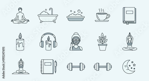 Self Care Icons: Yoga, Bath, Coffee, Reading, Meditation, Spa, Exercise, Relaxation