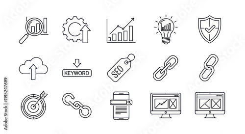 SEO Icons Set: Analytics, Keywords, Link Building, Strategy, Idea, Security