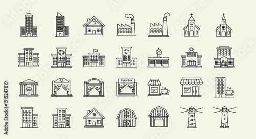 Set of Hand-Drawn Building Icons: Houses, Offices, Factories, Churches, Shops