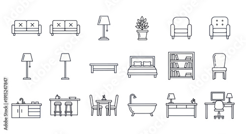 Set of line art icons for home furniture and interior design elements