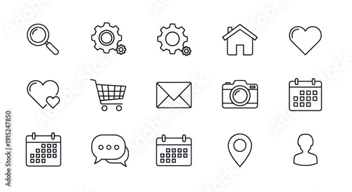 Set of Line Icons for Web and Mobile Apps: Search, Settings, Home, Heart, Cart, Mail, Camera, Calendar
