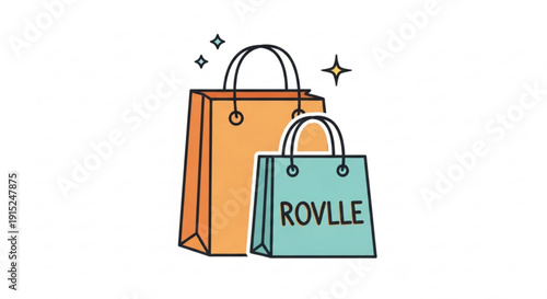 Two shopping bags with handles one orange and one teal with rovlle text on white background with sparkles