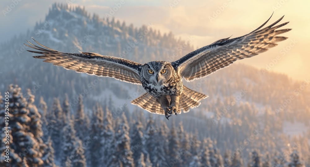 Obraz premium majestic owl soaring over frosted mountain ridge