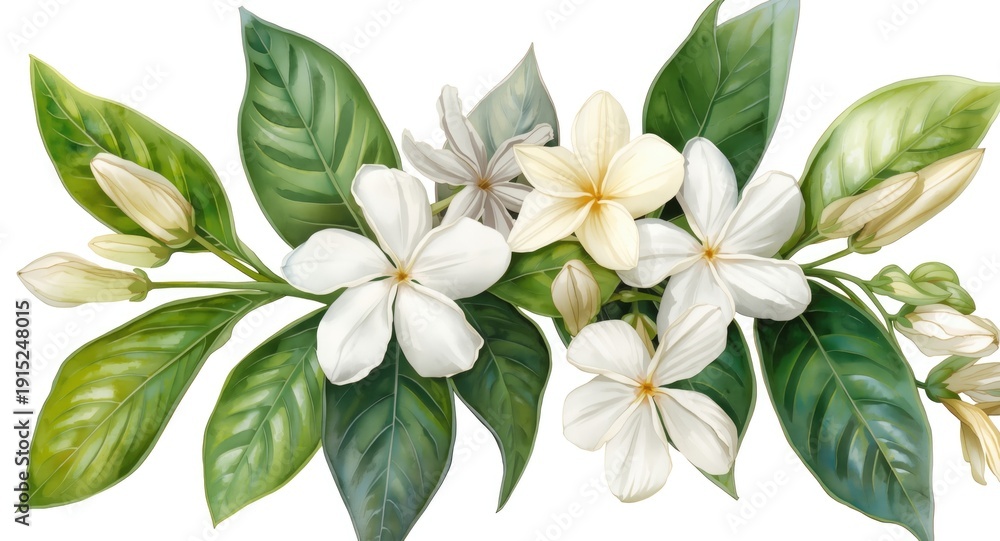 Obraz premium Springtime jasmine flowers with leaves hand painted in watercolor for postcard and packaging
