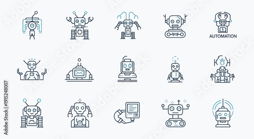 Set of stylized robot icons, futuristic technology, artificial intelligence, automation