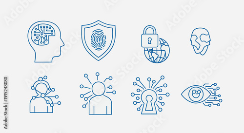 Set of Technology and Security Icons: AI, Biometrics, Data Protection, Future