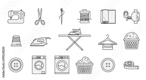 Sewing and Laundry Icons: Machine, Iron, Scissors, Thread, Washing Machine, Basket