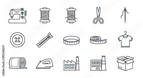 Sewing and Tailoring Icons: Machine, Spools, Scissors, Needle, Button, Zipper, Tape
