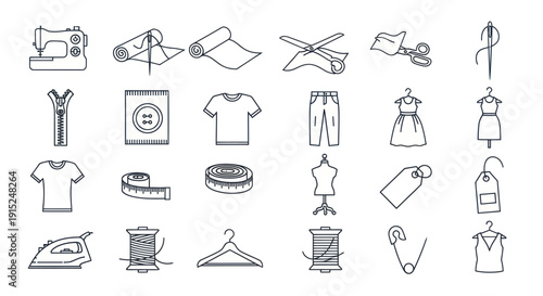 Sewing Icons Set: Machine, Fabric, Scissors, Clothes and Tools