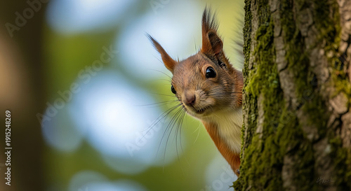 Squirrel Peeking Out From Behind a Mossy Tree Trunk in a Forest