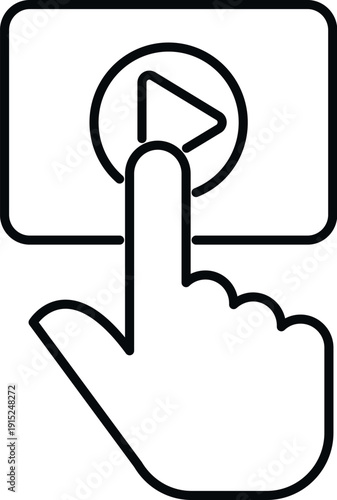 Hand finger pressing play button icon, activating multimedia content playback