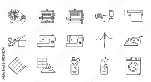 Sewing Machine and Laundry Icons: Tailoring, Craft, Home and Cleanliness