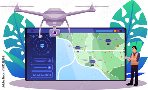 Drone operator using UAV remote control, vector flat map on computer screen with navigation of unmanned aerial vehicles