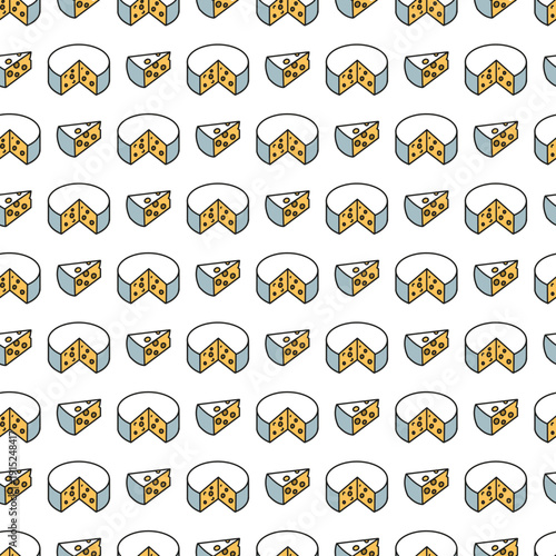 Cheese Wheel and Wedge Dairy Product Food Pattern. Perfect for packaging, fabric prints, wallpapers, menus, and branding related to cheese, dairy products, and food-themed artwork