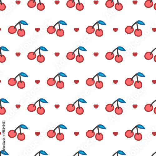 Charming Whimsical Sweet Red Cherries Pattern. Ideal for fresh fruit lovers, cherry illustrations, and romantic-themed patterns. Perfect for textiles, wallpapers, gift wrap, branding, stationery, etc