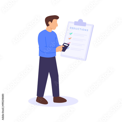 Calculating Deductions, reducing salary by taxes and charges, Flat vector character illustration