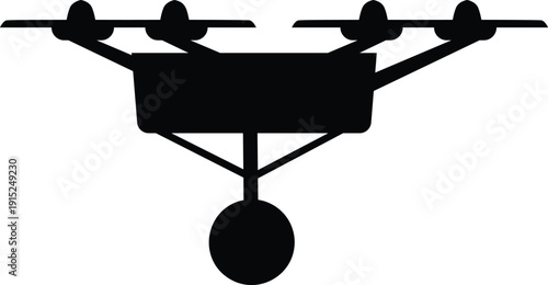 Drone with video camera vector black silhouette, UAV Unmanned aerial vehicle, quadcopter photography video surveillance