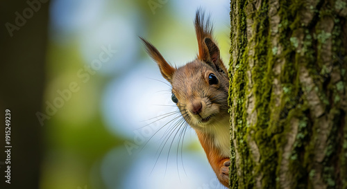 A curious squirrel peeks from behind a mossy tree trunk outdoors in a forest environment viewed from a low angle