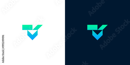 Modern abstract geometric V letter logo design with gradient color on white and dark blue background