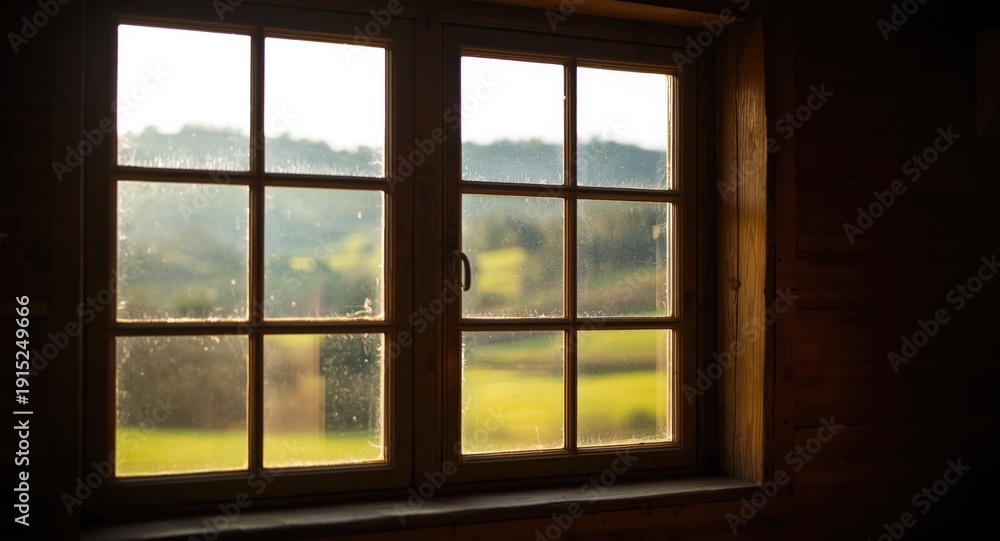 Fototapeta premium Sunlit rustic interior window frame featuring double glass panes with a serene green landscape view