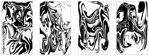 Set of white and black marble texture vector background. Black and white ebru liquid bundle, collection.