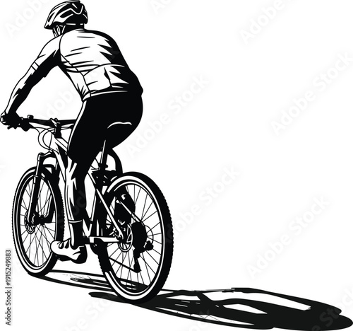Cyclist riding mountain bike silhouette, black and white vector illustration of sporty man cycling isolated on white background for fitness design