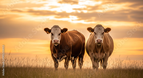 Two cows standing together in a serene field at sunset, viewed from a slight angle