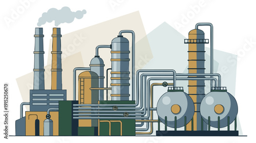 Industrial factory plant with smokestacks.