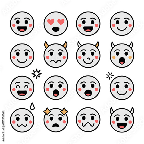 Various cartoon faces with different expressions and emotions emojis smiling laughing in white background
