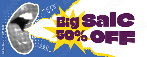 Vintage pop art header for advertising with retro comic style halftone design for social media cover and horizontal banner with paper cutout stickers for big sale promotional collage background