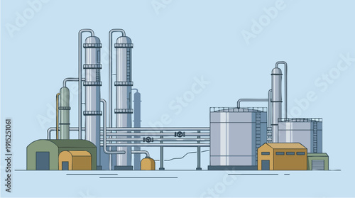 Industrial factory with large metal structures.