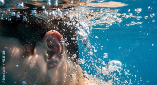 Close Up of Human Ear Underwater with Air Bubbles in Blue Sea