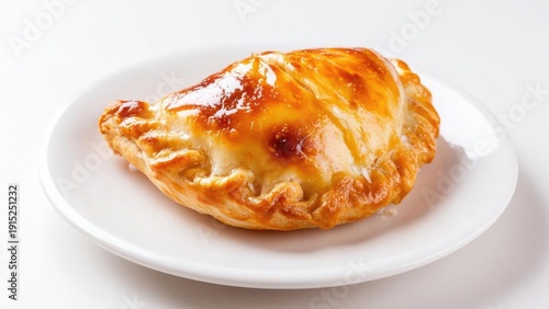 A golden-brown cheese pastry on a plain white plate. Concept Golden-brown cheese pastry, Crispy cheese pastry close-up, Savory pastry on a plain white plate, Minimalist food photography
