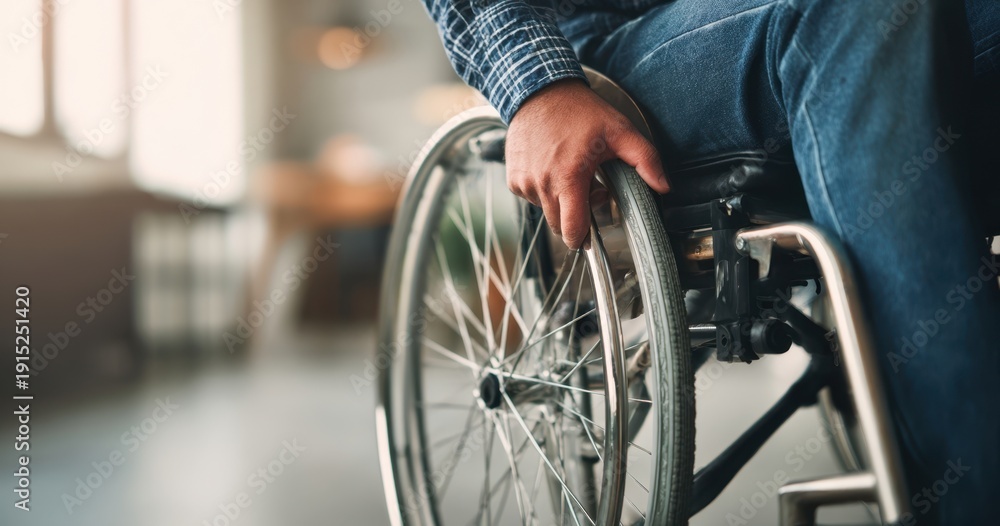 Obraz premium The Wheelchair Wheel And Hand Close Up In Bright Modern Interior With Soft Focus Background