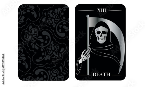 Tarot Card Death XIII – Black Major Arcana Vector Design with Grim Reaper and Scythe