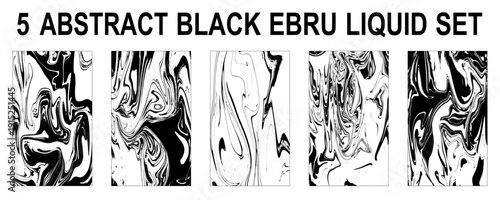 Ebru aqua paper and silk prints. Set of abstract backgrounds. Ink marbling textures. Black and white.