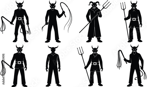 Devil character silhouettes with horns, trident and whip, black demon figures vector illustration isolated on white background for Halloween design