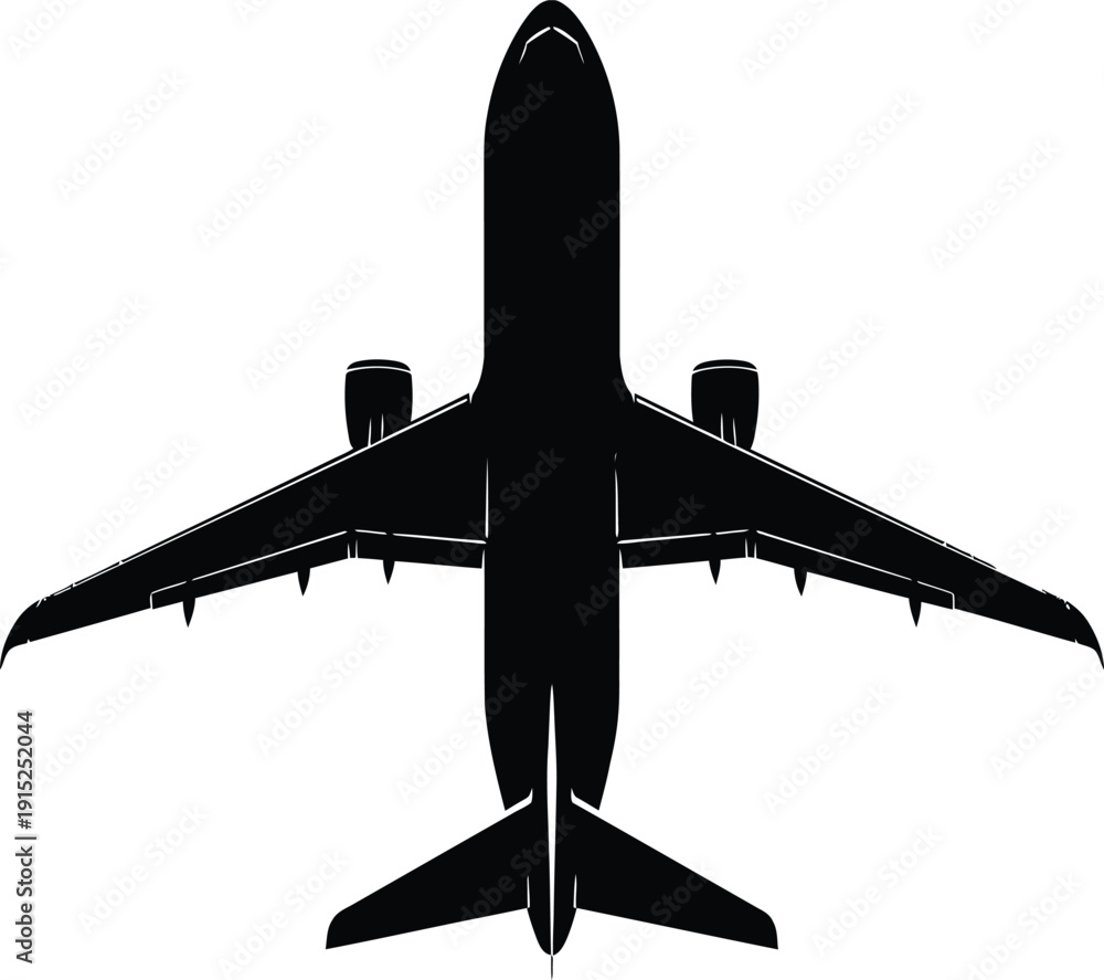 Obraz premium Silhouette of a commercial airplane viewed from above showcasing its sleek design and wingspan against a plain white background