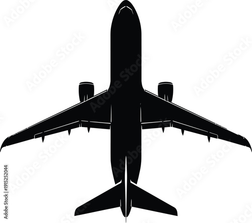 Silhouette of a commercial airplane viewed from above showcasing its sleek design and wingspan against a plain white background
