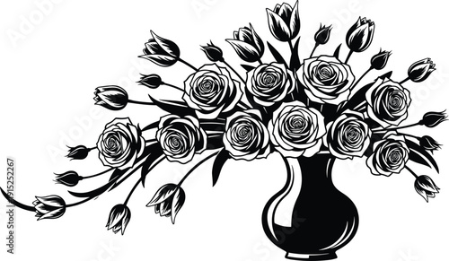 Elegant rose bouquet in vase black and white vector illustration, detailed floral arrangement isolated on white background for decoration and design