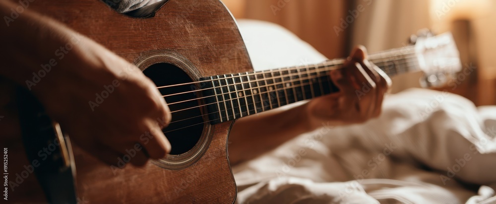 Fototapeta premium The Guitar in a Cozy Bedroom Setting With Hands Strumming Warm Morning Light