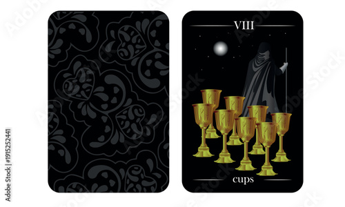 Eight of Cups Tarot Card Vector Illustration – Mystical Arcana Design Isolated on Black Background