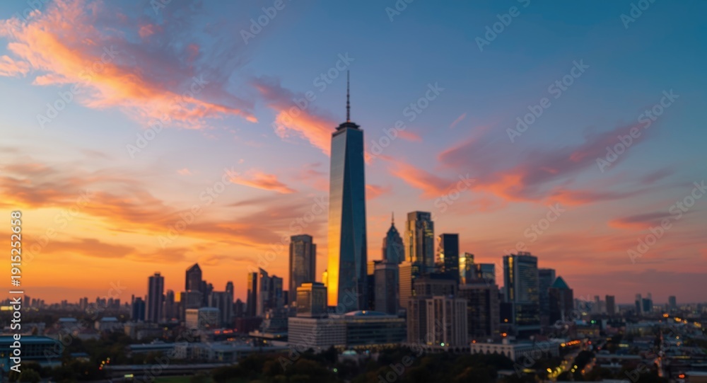 Obraz premium Sunset skyline featuring skyscraper bathed in warm orange and pink tones