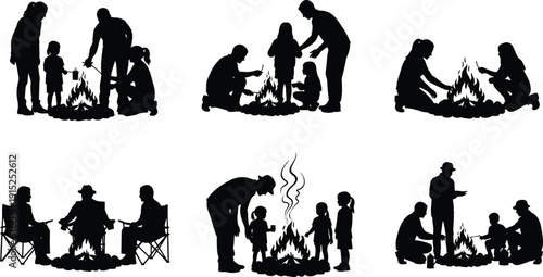 Family camping silhouettes around campfire, parents and children outdoor adventure scene, black vector illustration isolated on white background