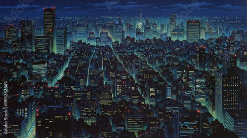 冬の雪が降る静かな街の夜、アニメーション風の街並み, Generative ai