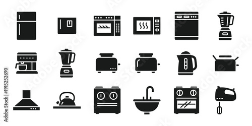 Set of kitchen appliances black silhouettes in a flat vector style isolated