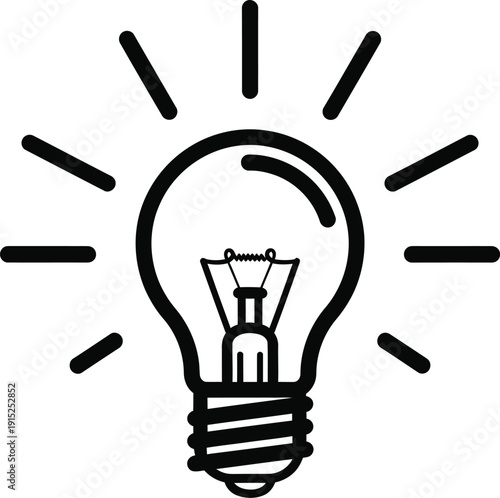 A simple line drawing of a glowing light bulb with rays emanating from it symbolizing ideas and innovation in a minimalist style
