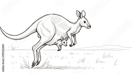 Sketch of a mother kangaroo with joey in pouch hopping across a field