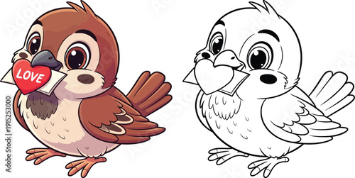 Adorable Cartoon Sparrow with Love Letter Valentines Day Vector & Line Art