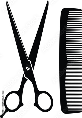 A pair of scissors and a comb are laid out on a white background for hairstyling and grooming purposes